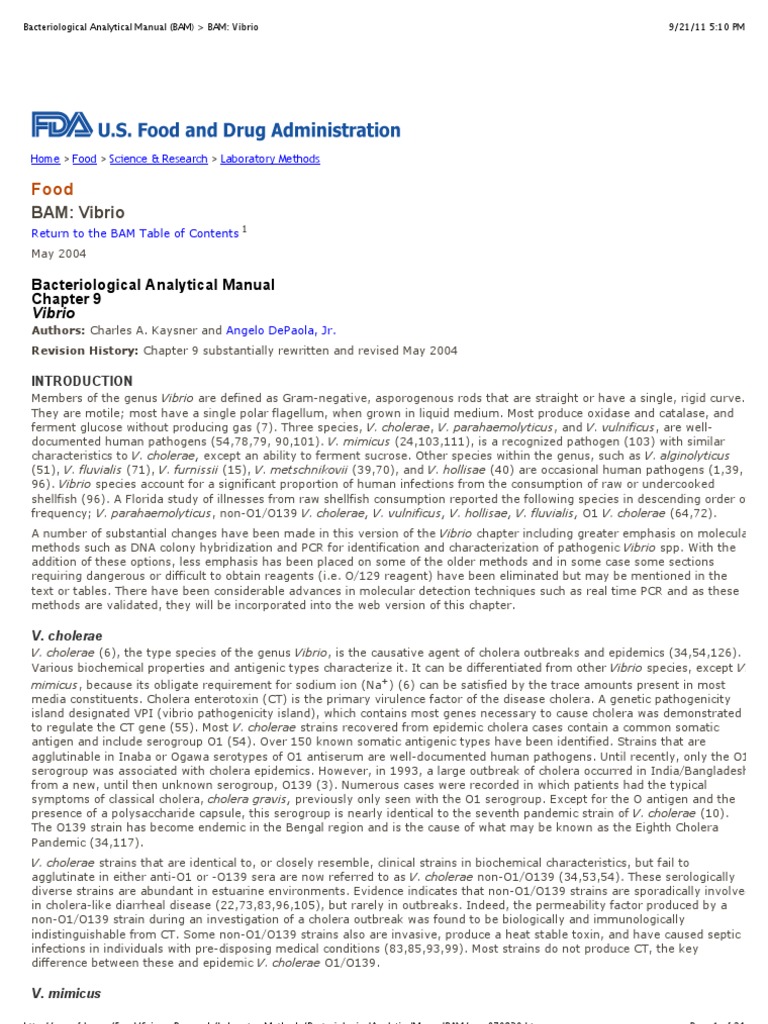 Bacteriological Analytical Manual (BAM) BAM Vibrio Cholera Polymerase Chain Reaction
