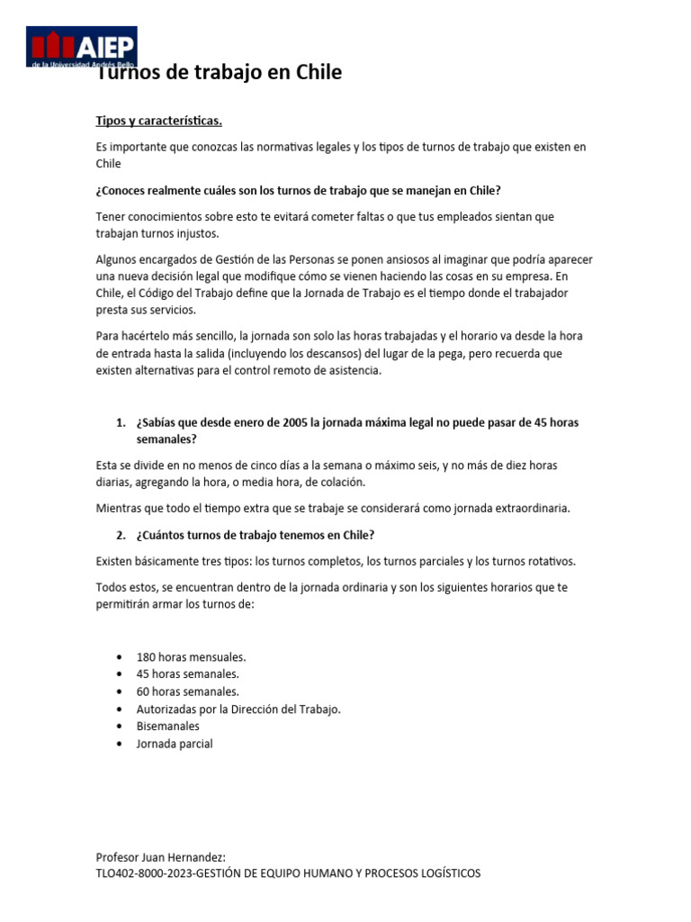 Tipos y características de los turnos en chile | PDF | Derecho laboral
