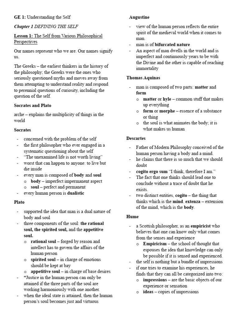 Ge 1 Notes Chap 1 Pdf Soul Philosophy Of Self