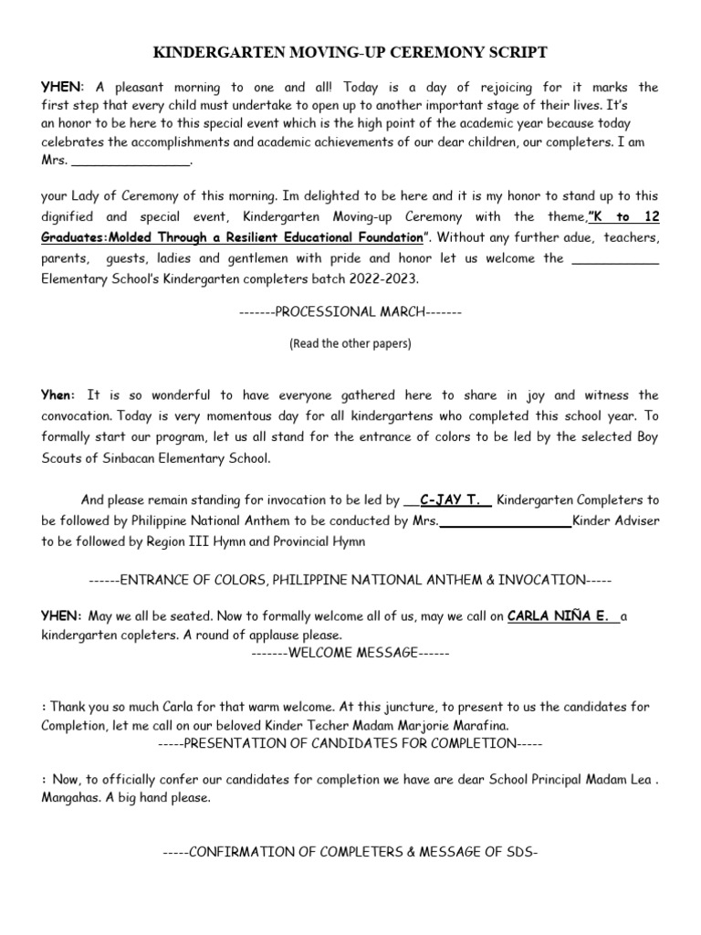 Kindergarten Moving-Up Ceremony Script | PDF