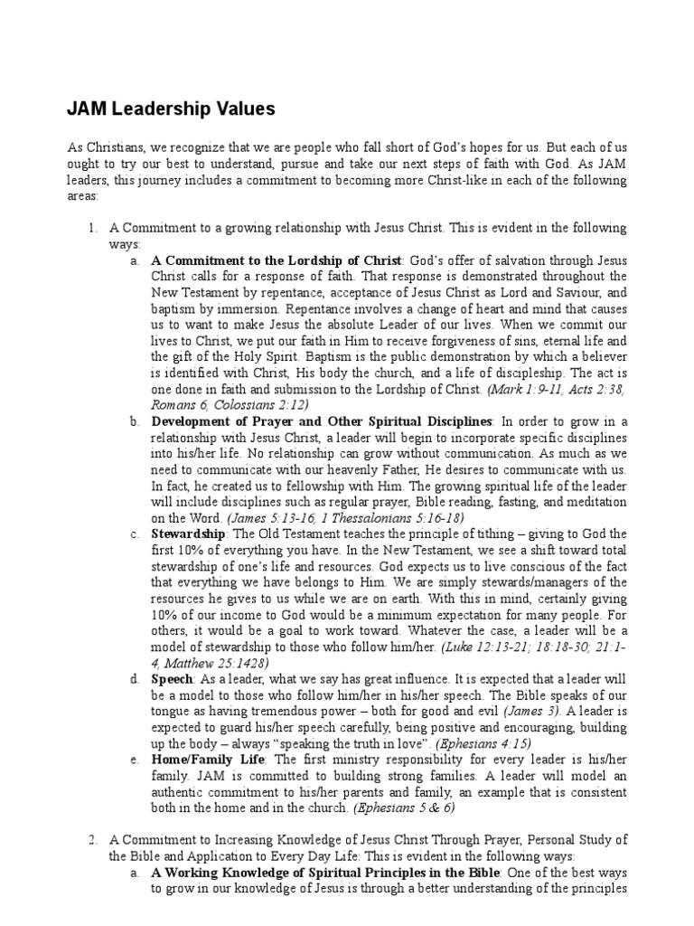 JAM Leadership Values PDF Baptism Jesus
