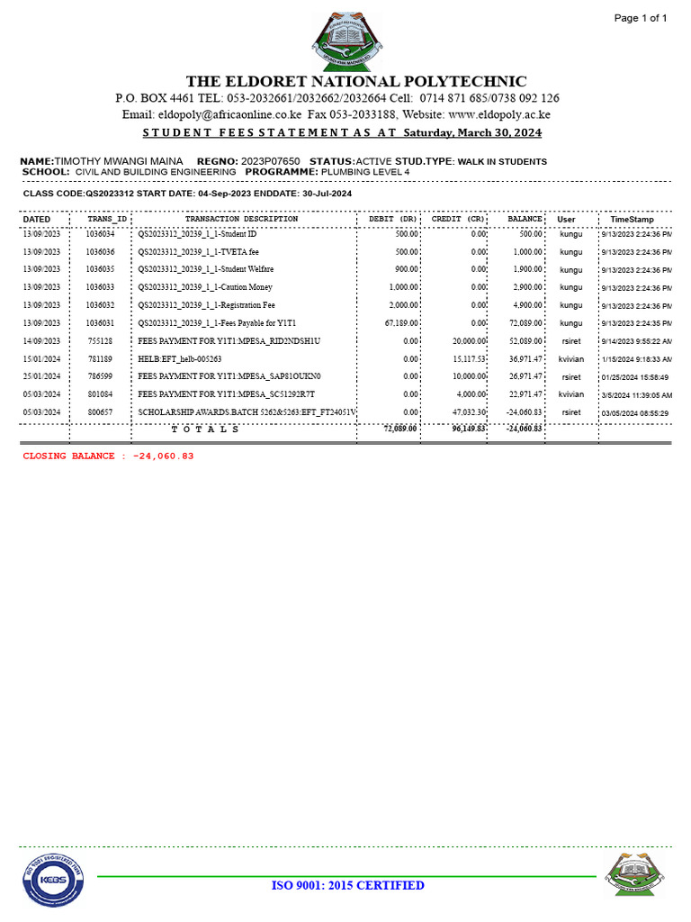 Eldoret Polytechnic Fee Statement | PDF | Payments | Banking Technology