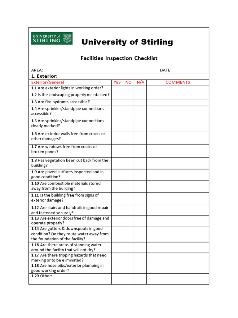 Facilities Inspection Checklist Guide | PDF | Fire Sprinkler System ...