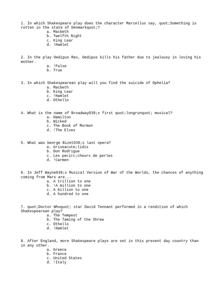 Shakespeare and Musical Trivia Quiz | PDF | William Shakespeare ...