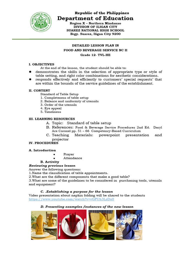 Grade 12 Table Setup Lesson Plan | PDF | Lesson Plan | Pedagogy