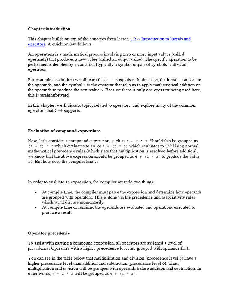 6.1 — Operator precedence and associativity | PDF | Computing ...