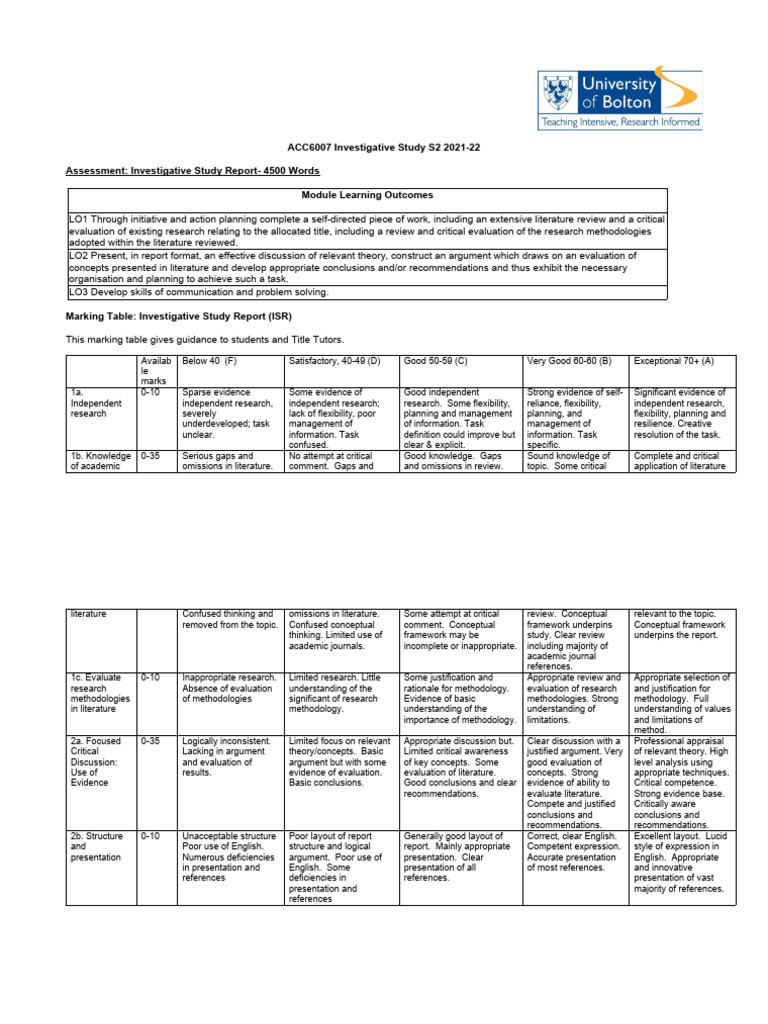 ACC6007 - Investigative Study 2021-22 Marking and Feedback Sheet Form | PDF | Methodology ...