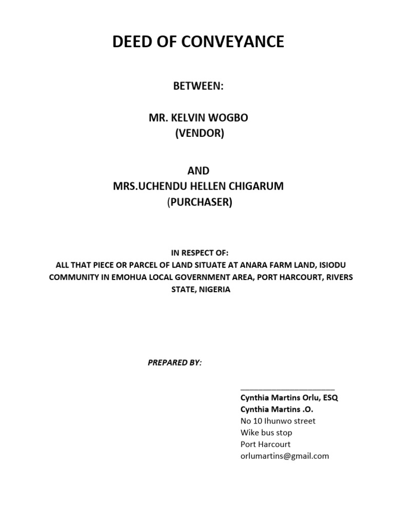 Deed of Conveyance for Land in Nigeria | PDF | Covenant (Law) | Land Lot