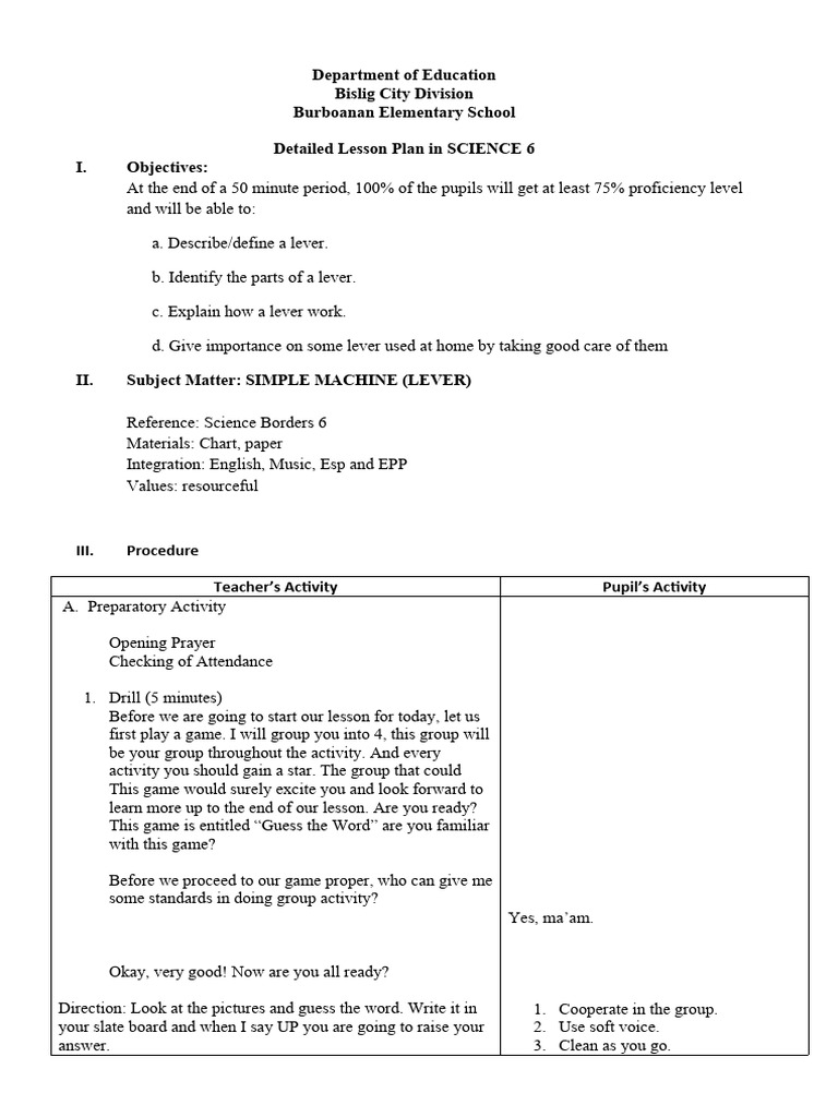 Detailed Lesson Plan in Science (Simple Machine Lever) | PDF | Lever ...
