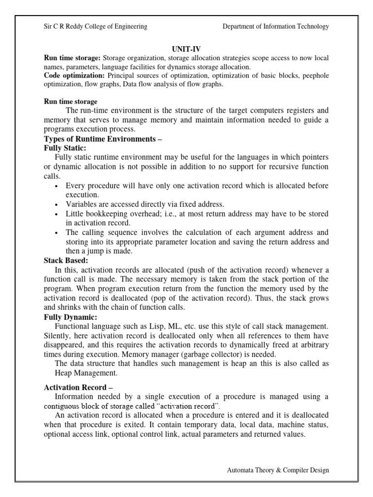 Runtime Storage Management in Compilers | PDF | Parameter (Computer ...