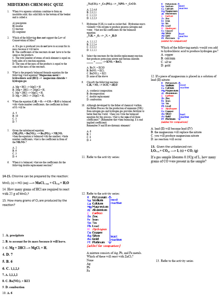 Chemistry Midterm Quiz | PDF | Chemical Reactions | Magnesium