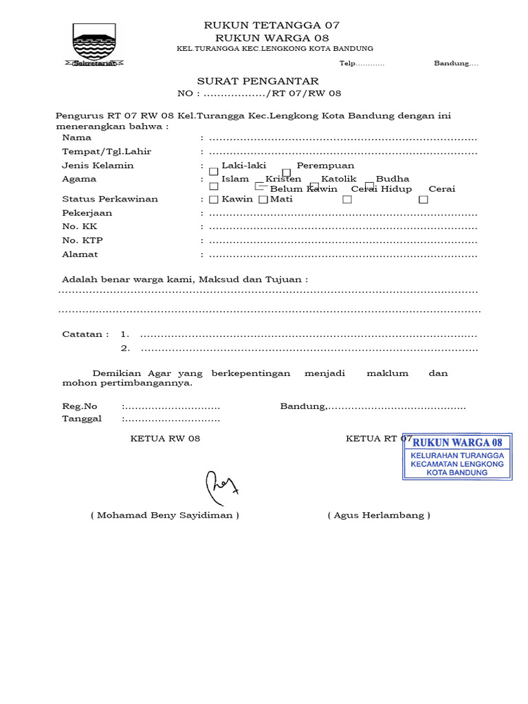 Contoh Surat Pengantar RT/RW Bandung | PDF | Game & Aktivitas | Griya ...