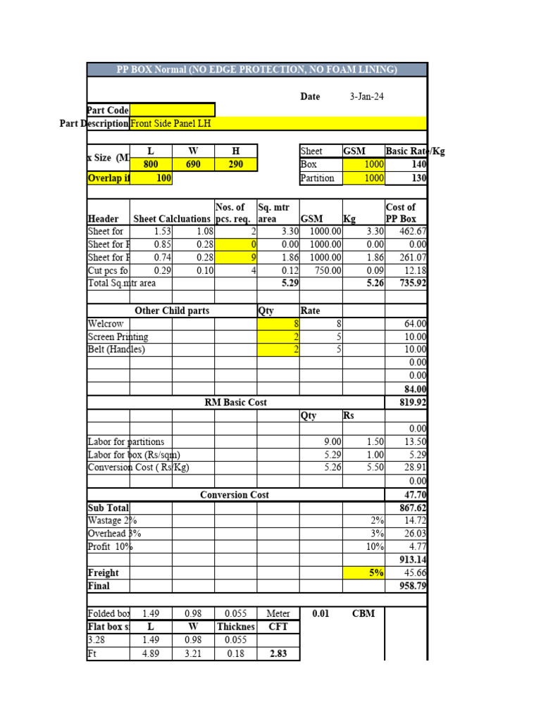 Corrugated Box Costing Breakdown | PDF