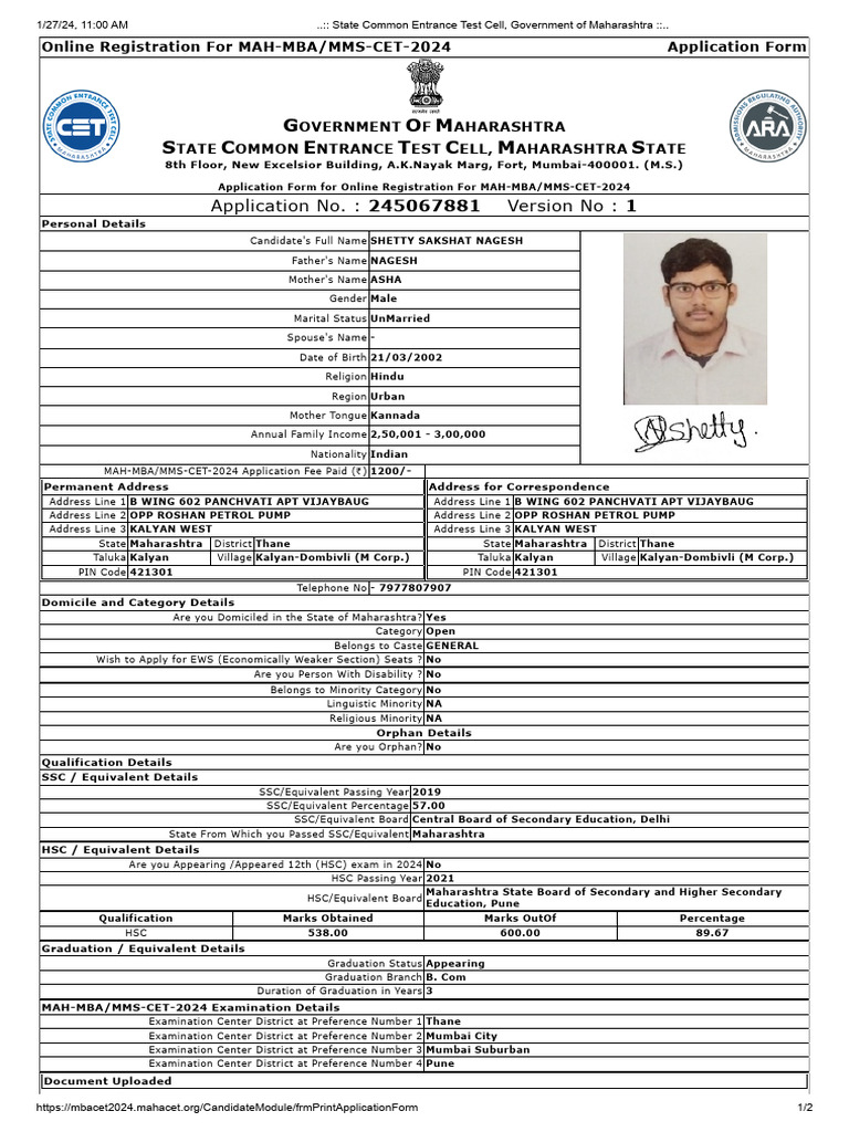 MAH-MBA/MMS-CET 2024 Application Form | PDF | Qualifications ...