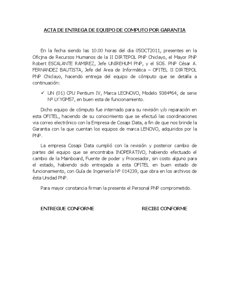 Acta de Entrega de Equipo de Computo Por Garantia | PDF