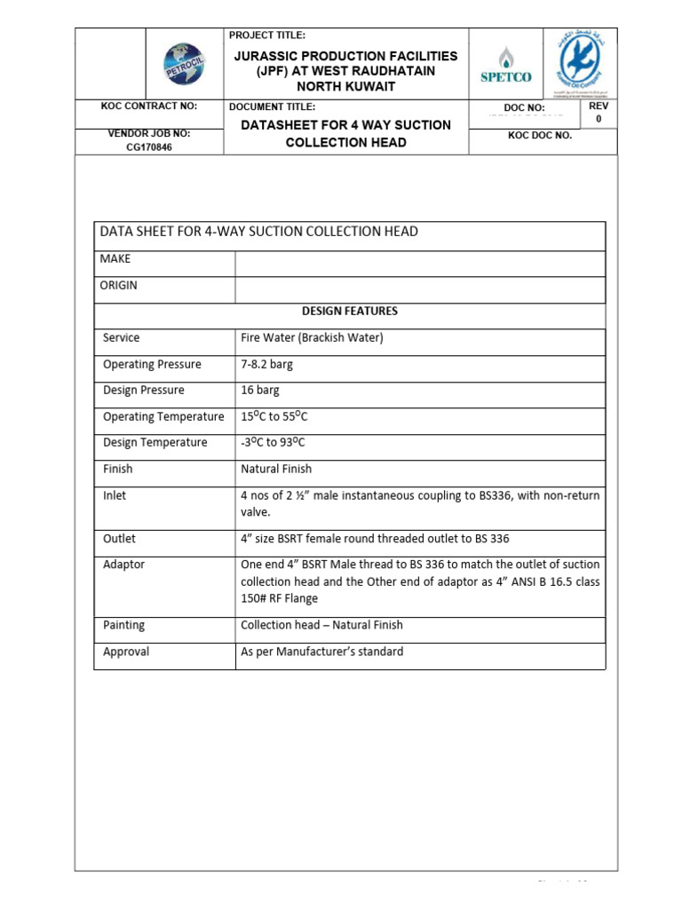 Data Sheet For 4-Way Suction Collection Head | PDF | Hydraulics | Plumbing