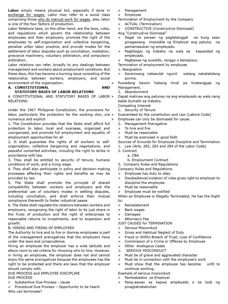 Labor Relation Prelim Reviewer | PDF | Employment | Labour Law