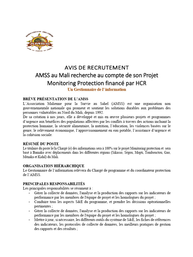 Recrutement Gestionnaire d'Information AMSS | PDF | Mali | Expérience