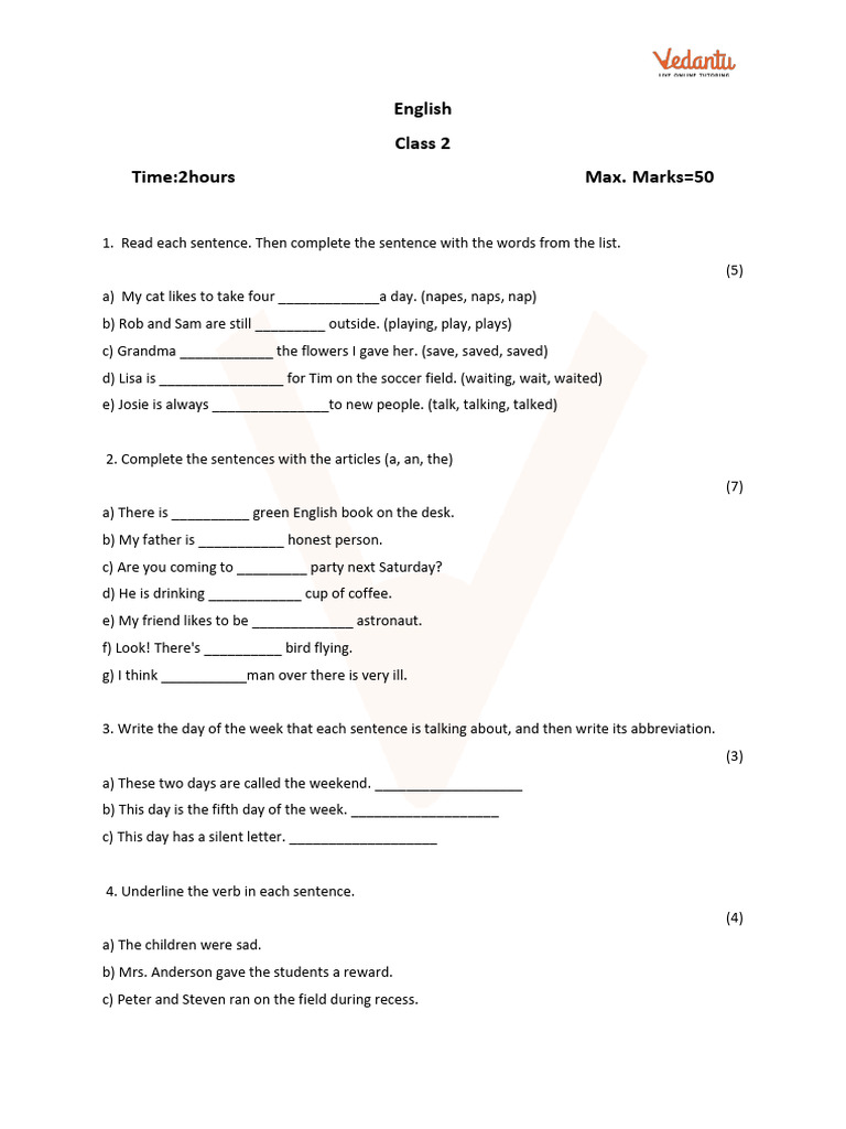 CBSE Sample Papers for Class 2 English with Solutions Mock Paper 2 PDF