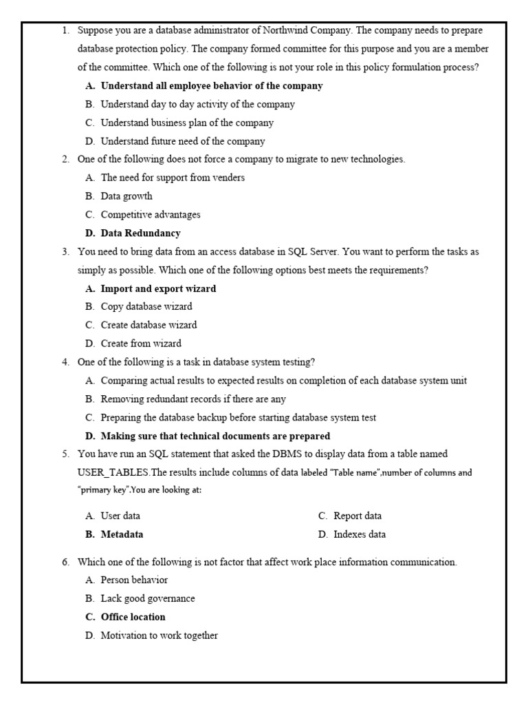 Database administration level iv theory exam 4 pdf databases sql