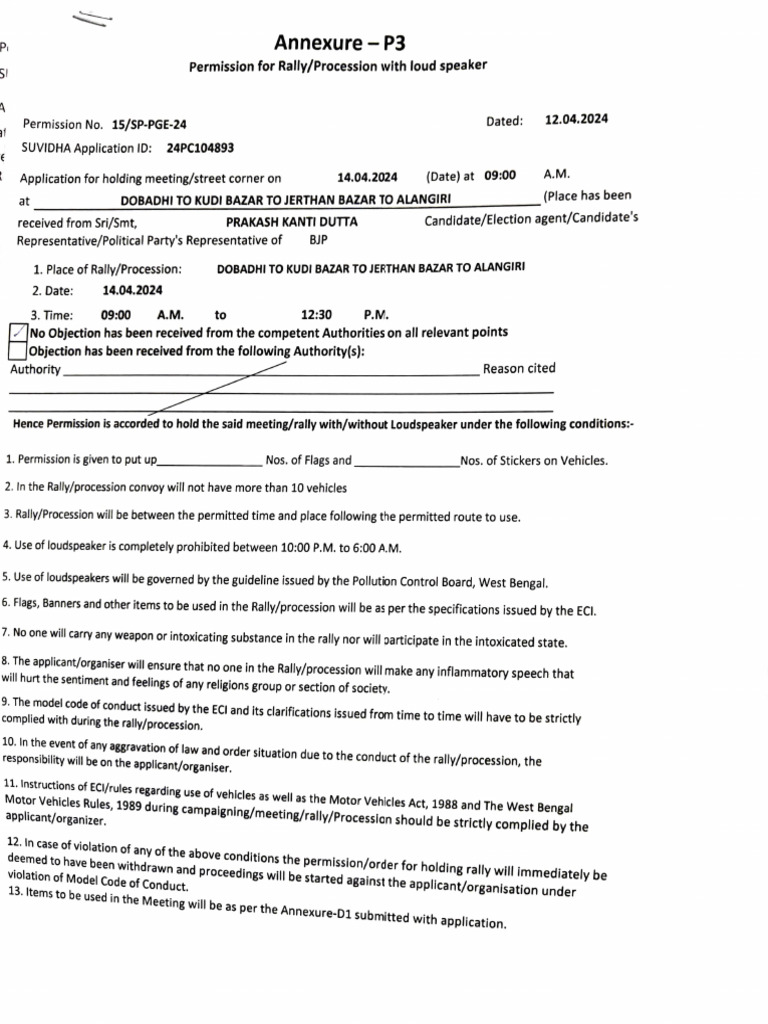 BJP Rally Permission Application 2024 | PDF