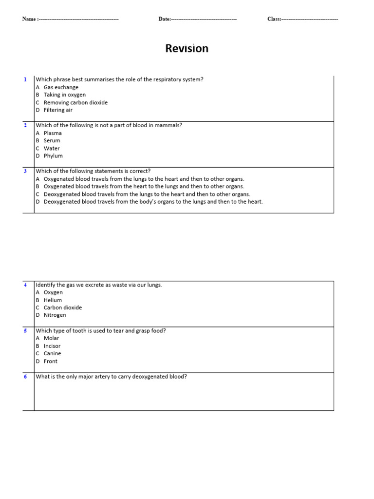 Respiratory and Digestive System Quiz | PDF | Digestion | Blood