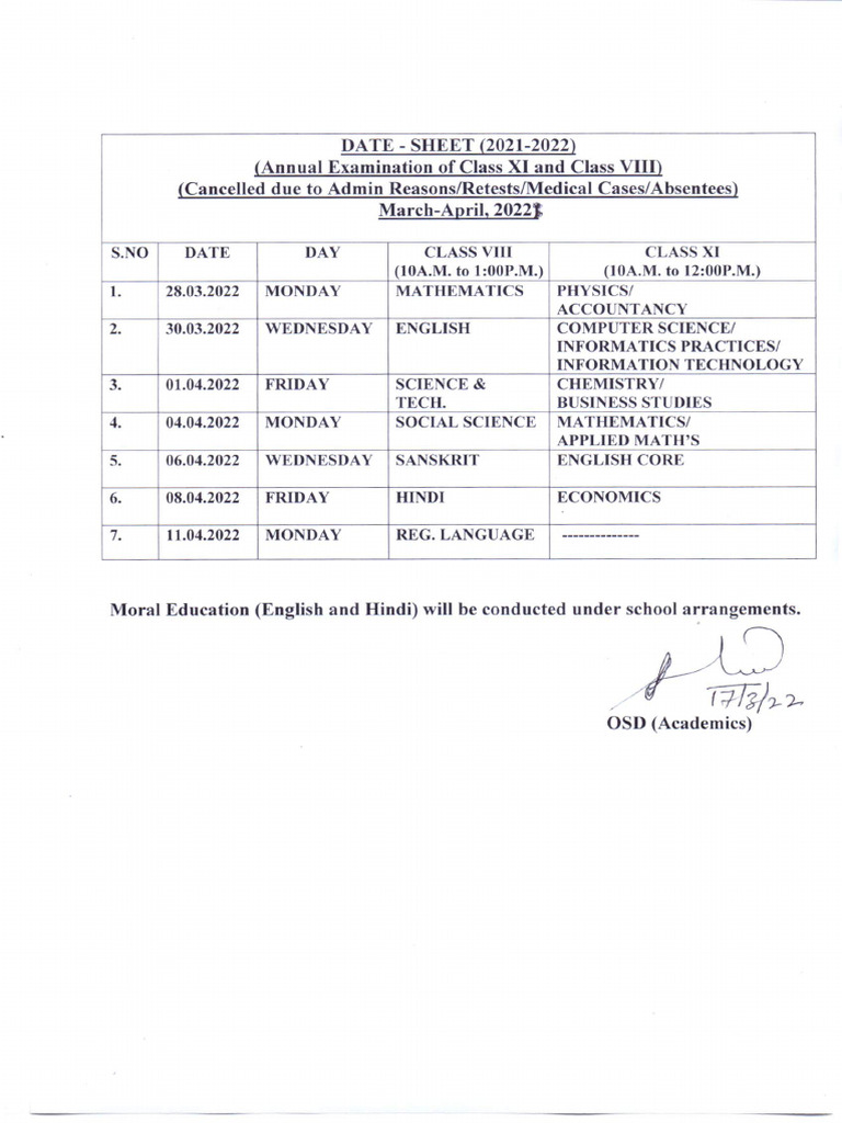 Retest Date Sheet For Class VIII and XI 202122 | PDF
