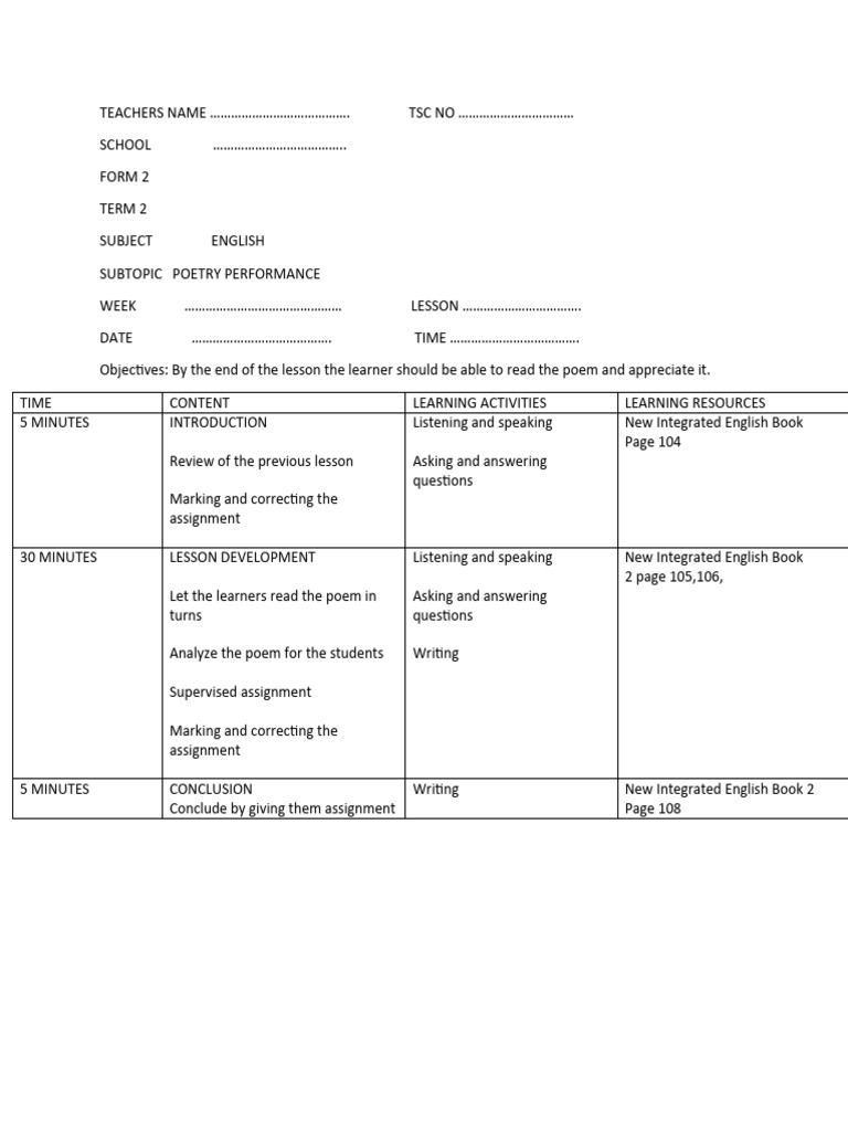 Form 2 term 2 english lesson plans pdf question english language