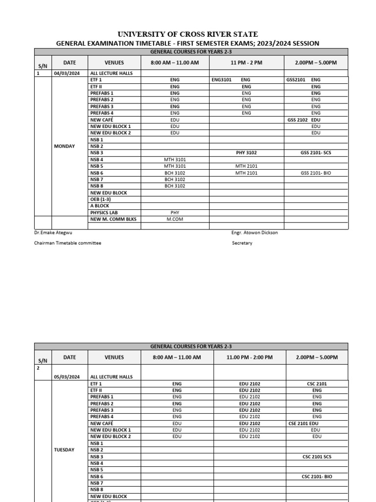 Cross River State University Exam Timetable | PDF