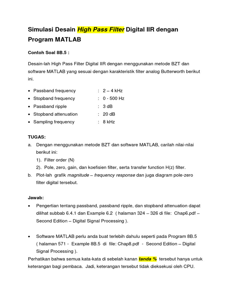 Desain High Pass Filter Digital IIR MATLAB | PDF