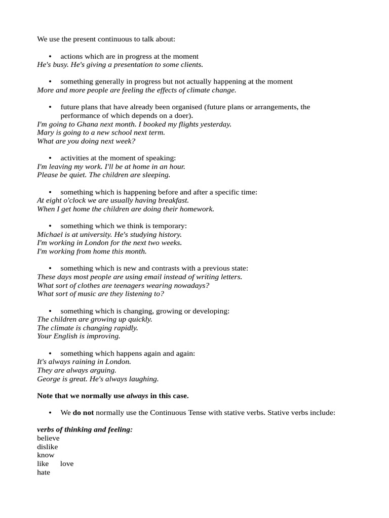 Present Continuous Pdf Grammar Linguistics