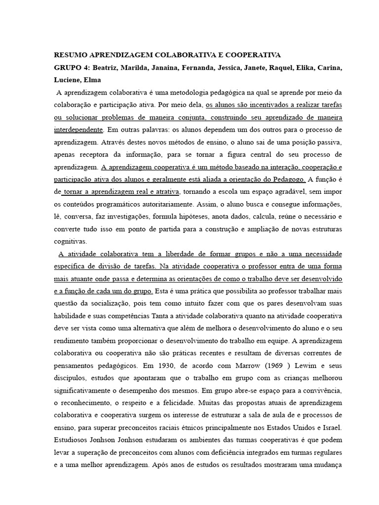 Aprendizagem Colaborativa e Cooperativa | PDF | Aprendizado | Pedagogia