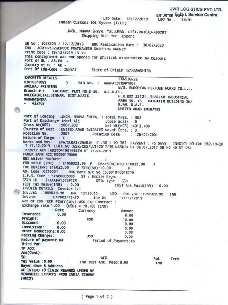 Exp 062 Shipping Bill | PDF