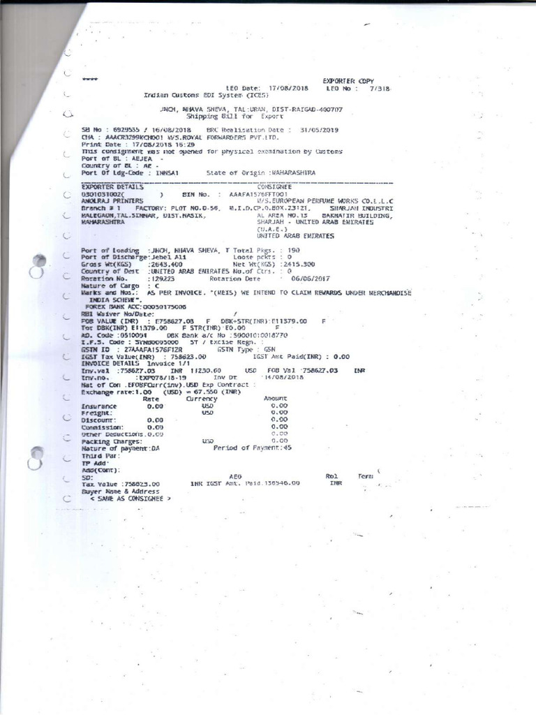 Exp 078 Shipping Bill | PDF