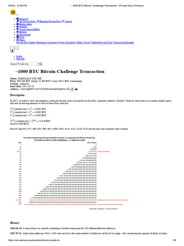 1000 BTC Bitcoin Challenge Transaction - Private Keys Directory | PDF |  Bitcoin | Cryptography