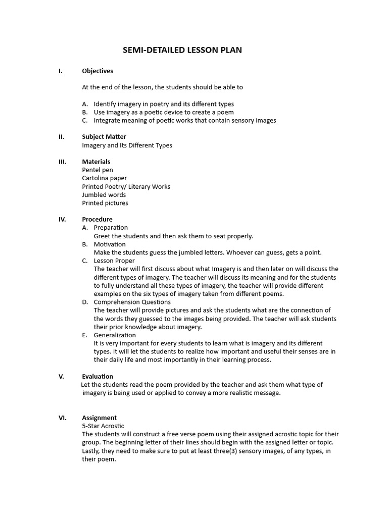 Teaching Imagery in Poetry Lesson Plan | PDF | Poetry | Lesson Plan