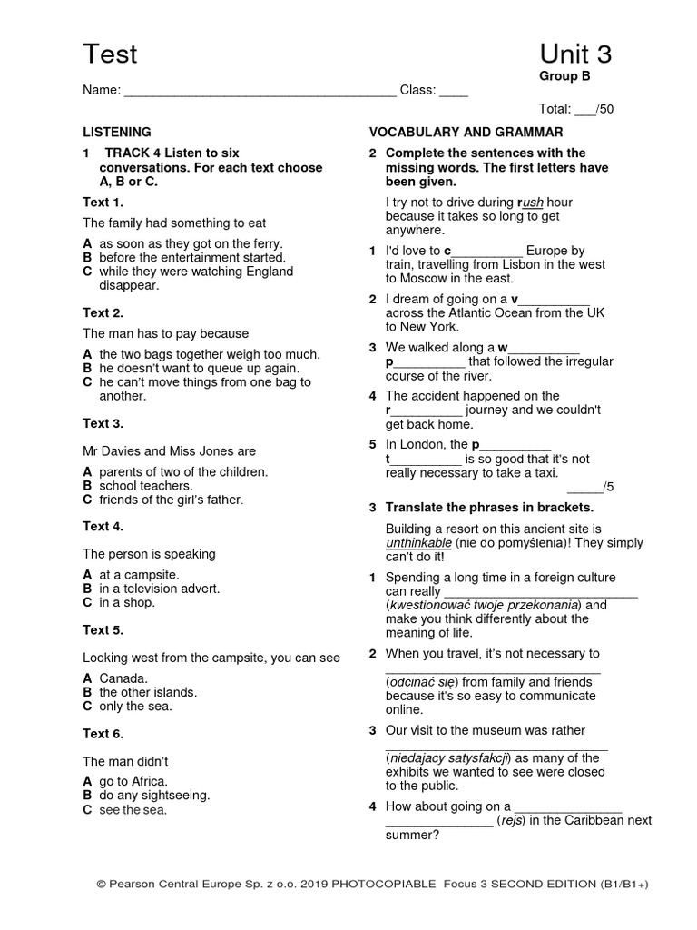Focus 3 Unit 3 Test Group B | PDF | Airport | Transport
