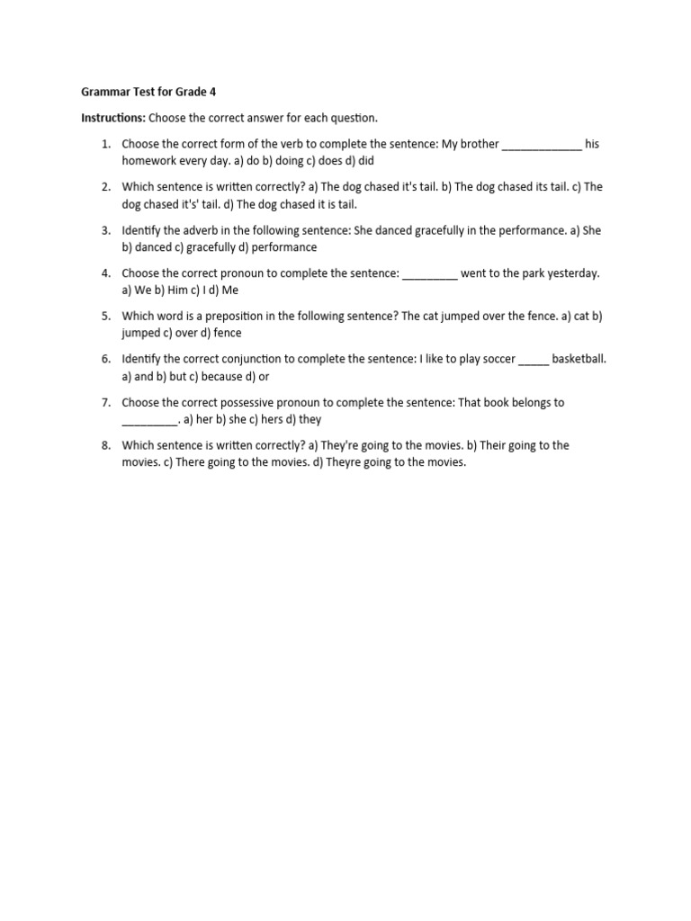 Grammar Test for Grade 4 | PDF