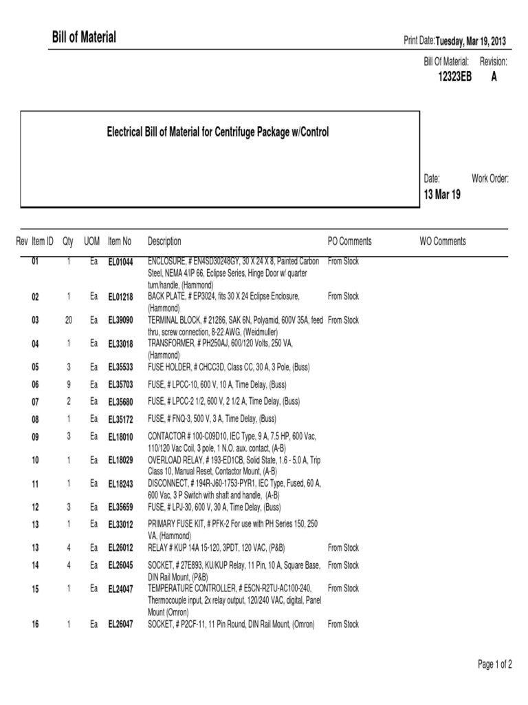 Bill of material revision print date pdf fuse electrical relay
