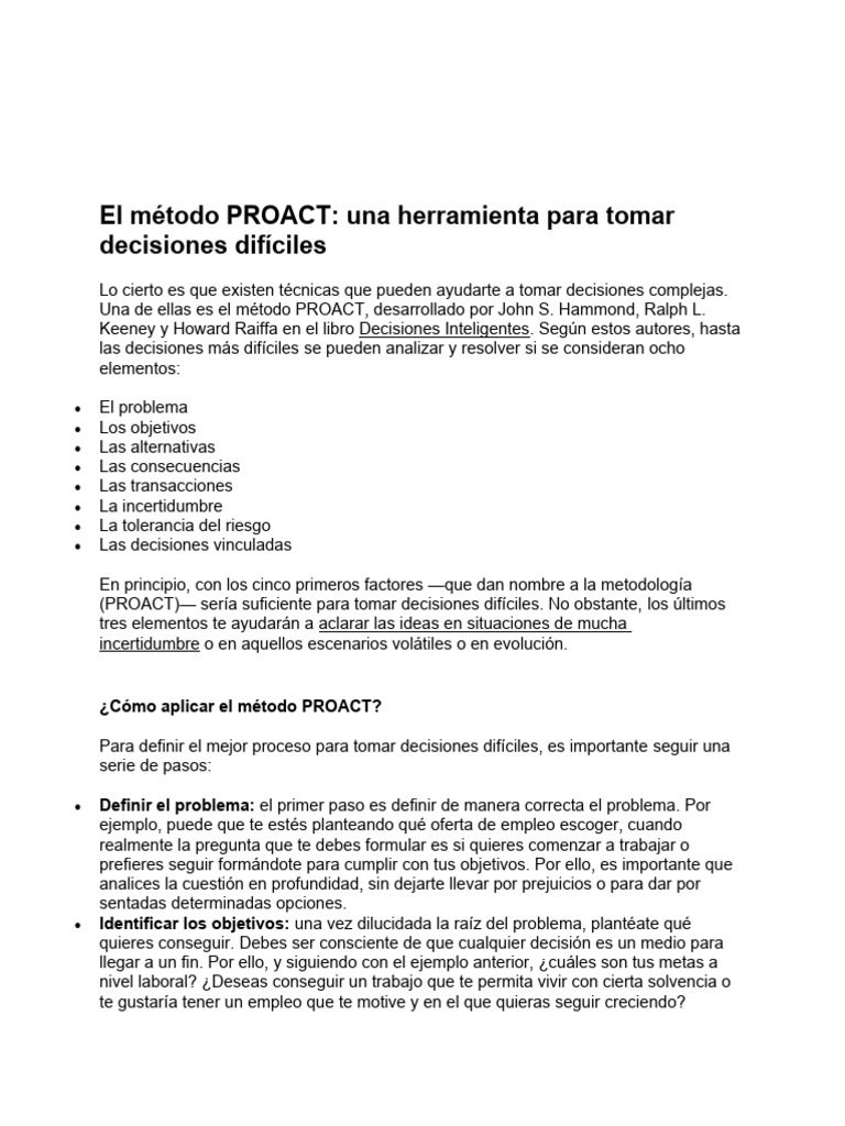 Método PROACT para decisiones difíciles | PDF | Toma de decisiones ...