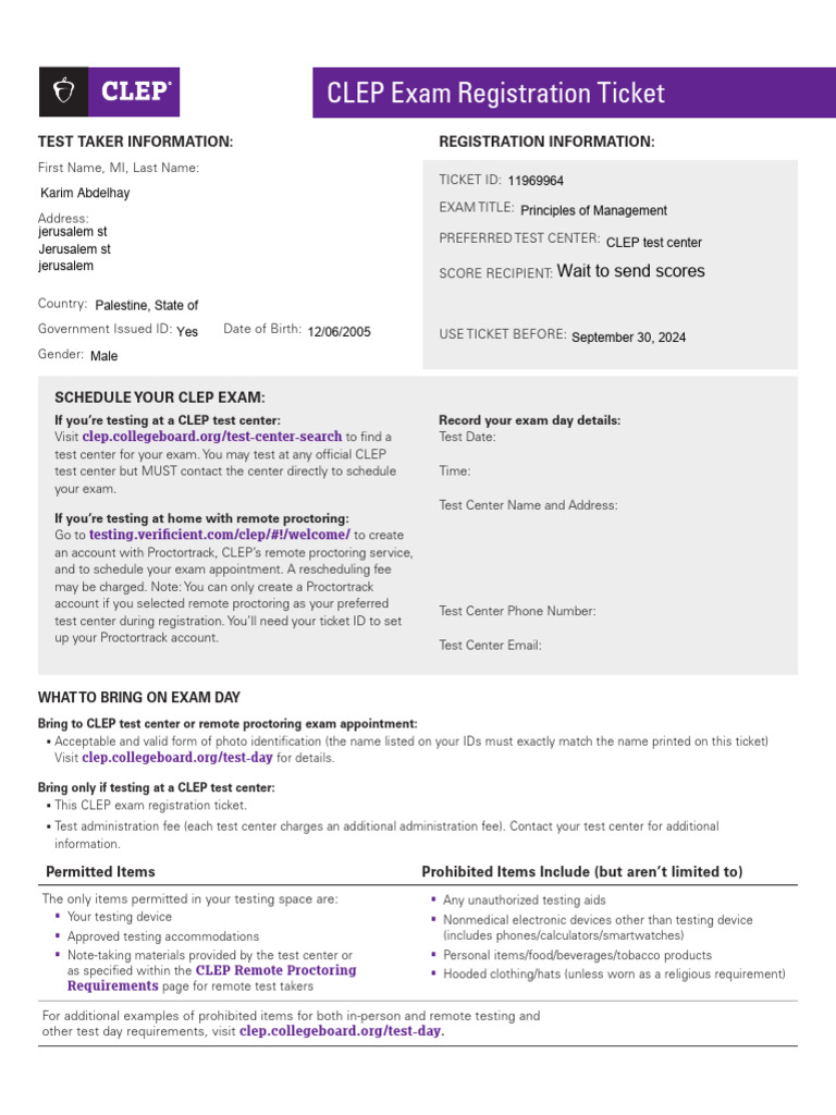 Exam ticket pdf college level examination program