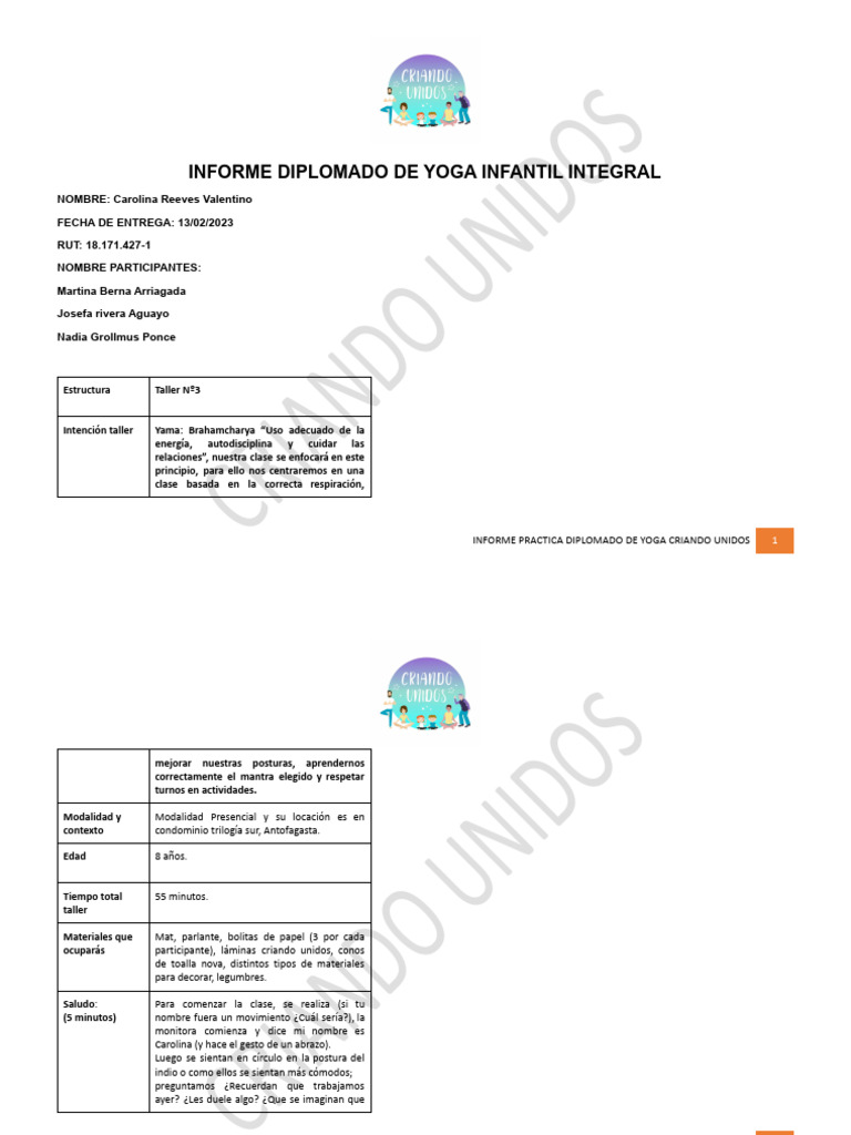 Copia de INFORME DIPLOMADO DE YOGA INFANTIL INTEGRAL 3 | PDF | Yoga