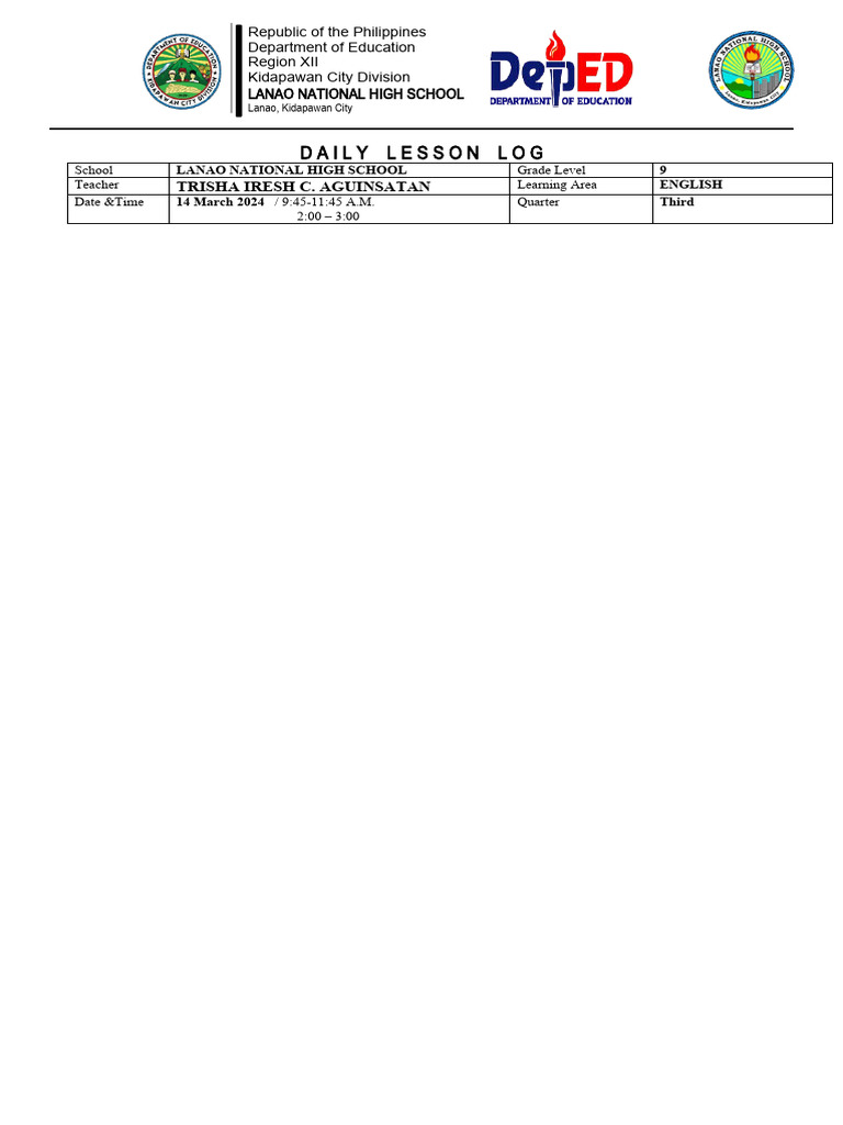 Daily Lesson Log for Grade 9 English | PDF | Learning | Educational ...