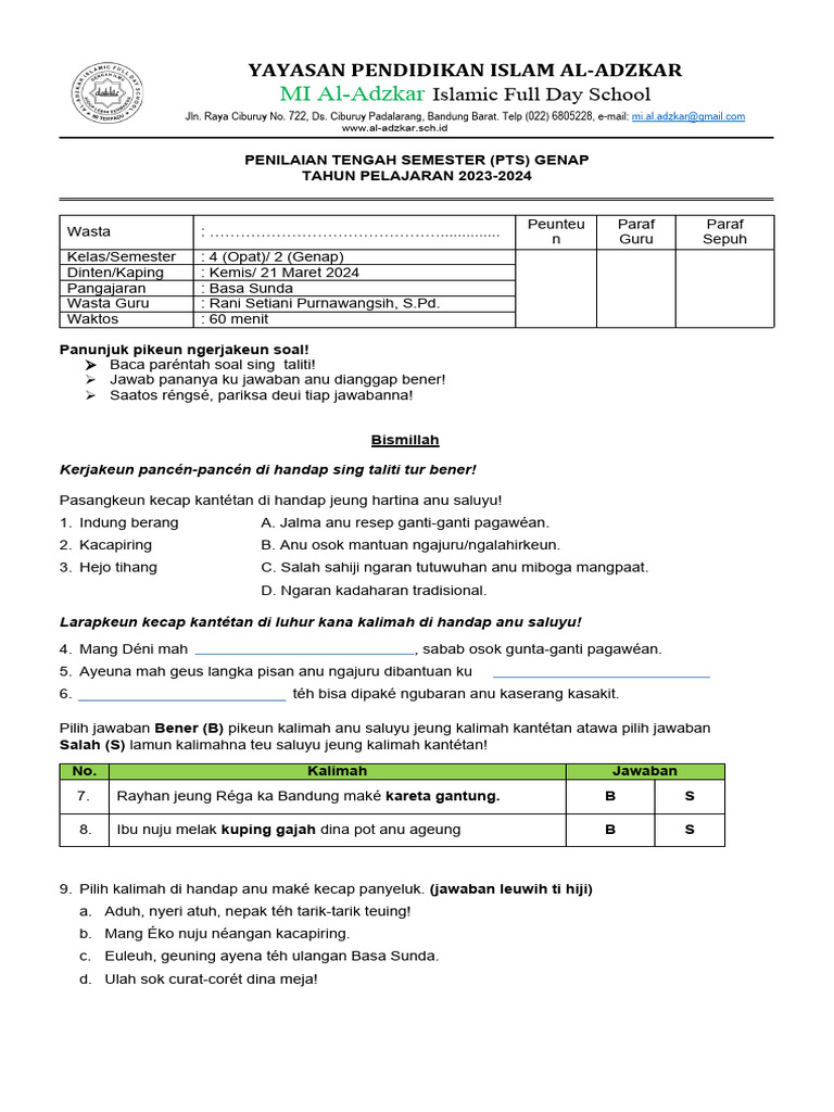 Kelas 4 - PTS Sunda Format AM | PDF