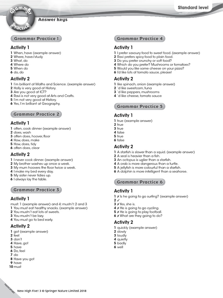NHF L3 Grammar Practice Standard Level Answer Key | PDF | Foods