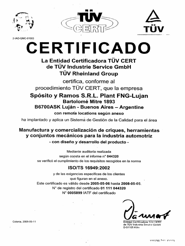 Certificado ISO-TS 16949 (2002) Sposito | PDF