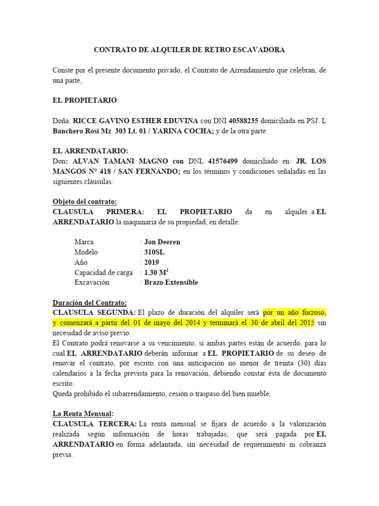 Contrato de Alquiler Retroexcavadora | PDF | Justicia | Crimen y violencia