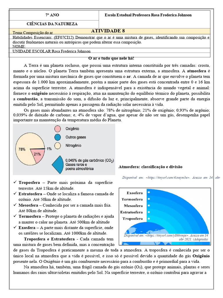 Composição do Ar: Atividades 7º Ano | PDF | Atmosfera | Poluição