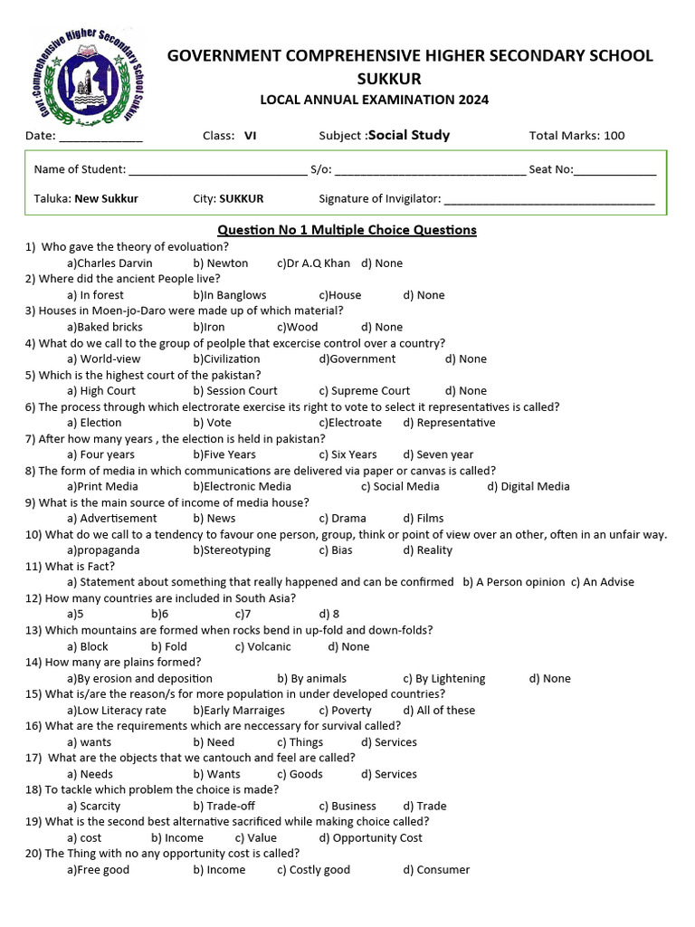Class VI (Socail Study) Annual Paper 2024 | Download Free PDF | Human ...