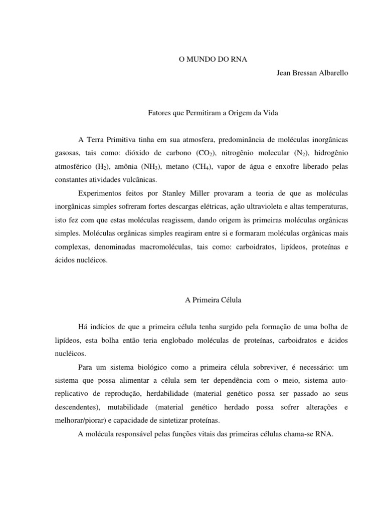 A Origem da Vida e o Mundo do RNA | PDF | Célula (Biologia) | DNA